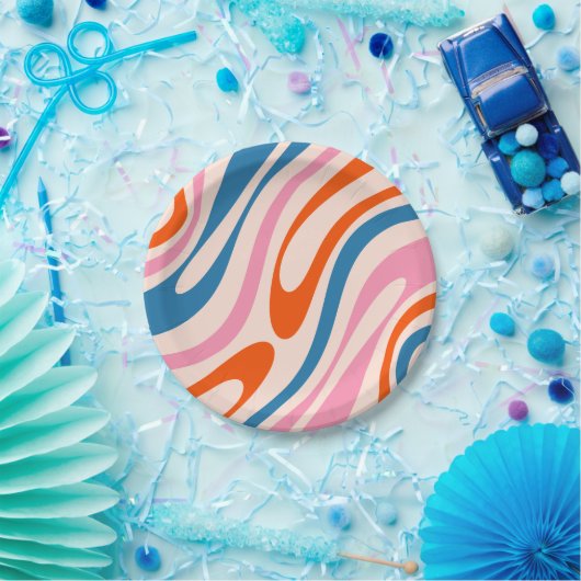 Wavy Loops Retro Modernes Abstraktes Muster Blau P Pappteller (Party)