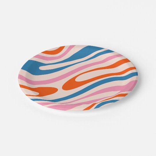 Wavy Loops Retro Modernes Abstraktes Muster Blau P Pappteller (Schrägansicht)