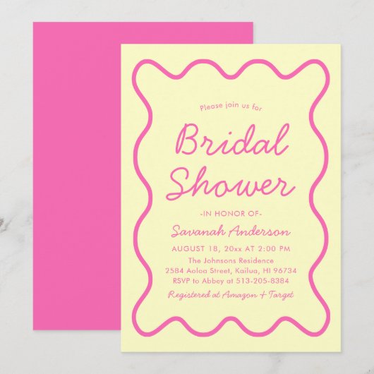 Wavy Modern Curvour Retro Rosa Gelbes Brautparty Einladung (Vorne/Hinten)