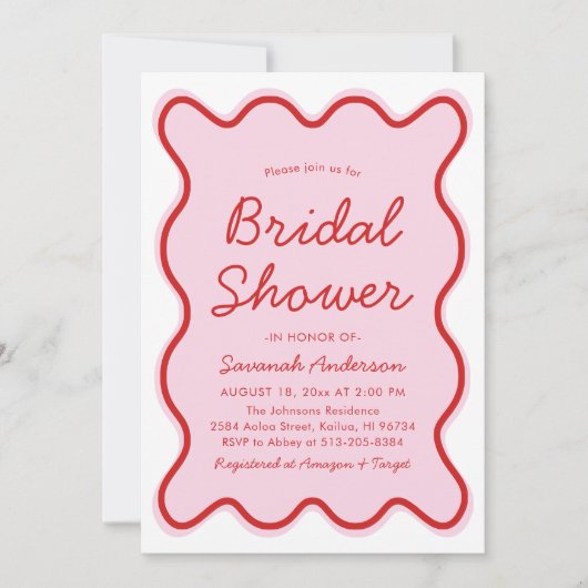 Wavy Modern Curvy Fett Rosa und Rotes Brautparty Einladung (Vorderseite)