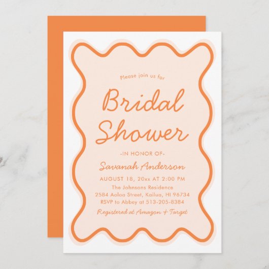 Wavy Modern Curvy Retro Peach Fuzz Brautparty Einladung (Vorne/Hinten)