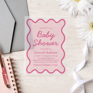 Wavy Moderne Curvy Bold Retro Pink Baby Dusche Pergament Einladungen