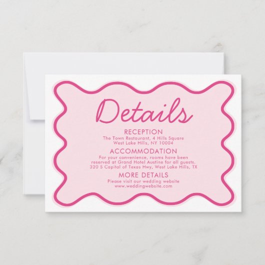 Wavy Moderne Curvy Bold Retro Rosa Hochzeitsdetail Einladung (Vorderseite)