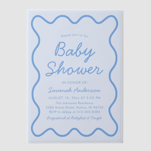 Wavy Moderne, kurvenreiche Retro Boy Dusty Blue Ba Pergament Einladungen (Vorderseite)