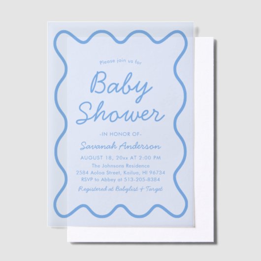 Wavy Moderne, kurvenreiche Retro Boy Dusty Blue Ba Pergament Einladungen (Versetzt)