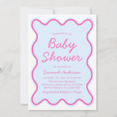 Wavy Moderne, kurvenreiche Retro Pink Blue Baby Du Einladung (Vorderseite)