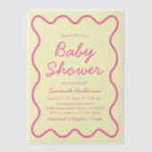 Wavy moderne, kurvenreiche Retro Rosa gelbe Babydu Pergament Einladungen (Vorderseite)