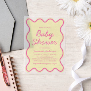 Wavy moderne, kurvenreiche Retro Rosa Gelbe Babydu Pergament Einladungen