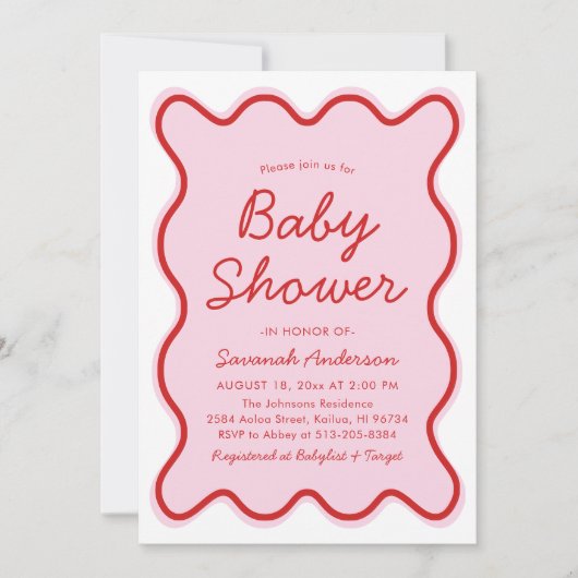 Wavy moderne, kurvenreiche Retro Rosa und Red Baby Einladung (Vorderseite)