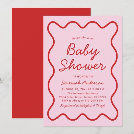 Wavy moderne, kurvenreiche Retro Rosa und Red Baby Einladung (Vorne/Hinten)