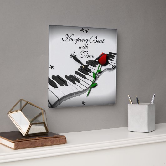 Wavy Piano Keys & Rote Rose - Custom Clock Quadratische Wanduhr (Büro)