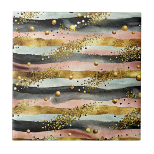 Wavy Pink & Black Streifen mit Gold Glitzer Fliese
