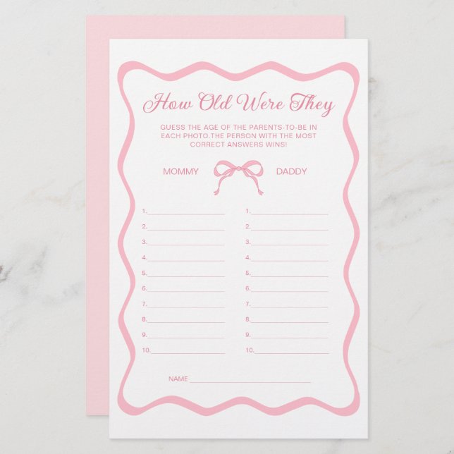 Wavy Pink Bow Babydusche schätzt das Alter Spiel (Vorne/Hinten)