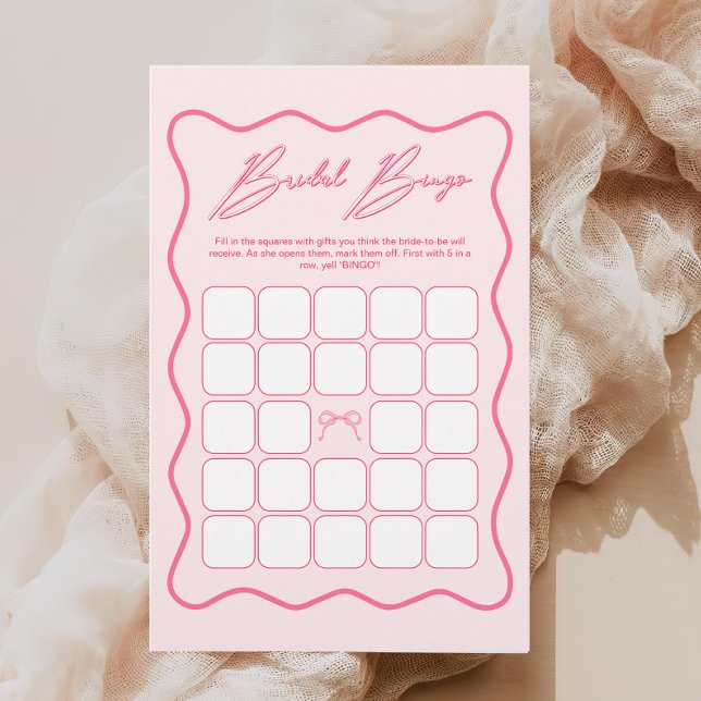 Wavy Pink Bow Brautparty Bingo Game (Von Creator hochgeladen)