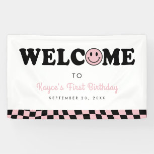 Wavy Pink Preppy Smile Girl 1. Geburtstag Willkomm Banner