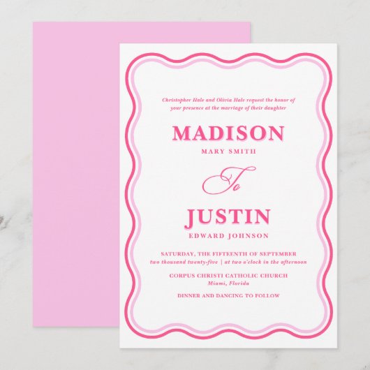Wavy Pink Wedding Einladung (Vorne/Hinten)