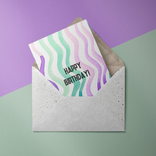 Wavy purple and green watercolor lines Bday Card
