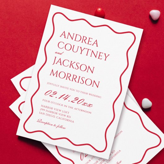 Wavy Red and White Valentines Wedding Einladung