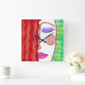 Wavy Red Hair Abstract Art Square Wall Clock Quadratische Wanduhr (Zuhause)