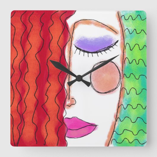 Wavy Red Hair Abstract Art Square Wall Clock Quadratische Wanduhr (Vorderseite)