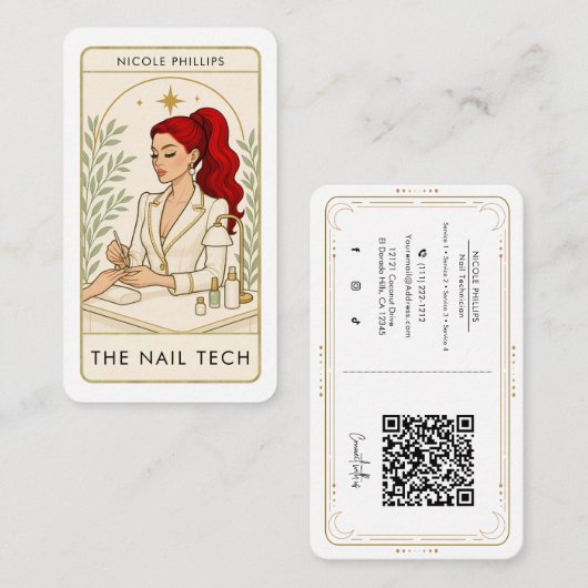 Wavy Red Hair Nail Tech Tarot Social Media QR Visitenkarte (Vorne/Hinten)