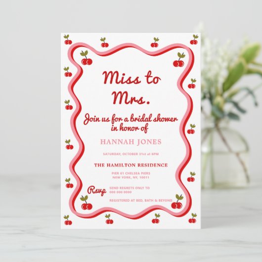 Wavy Retro Cherry Valentine Brautparty Einladung (Stehend Vorderseite)