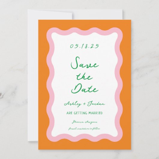 Wavy Retro farbenfrohe Wave 70er Hochzeit speicher Save The Date (Vorderseite)