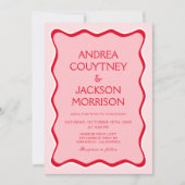 Wavy Retro Foto Rot und Rosa Hochzeit Einladung (Vorderseite)