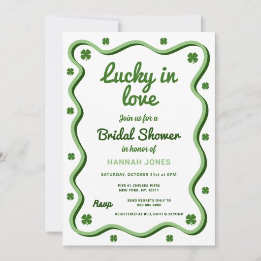 Wavy Retro Kleeblatt Green Brautparty Einladung (Vorderseite)