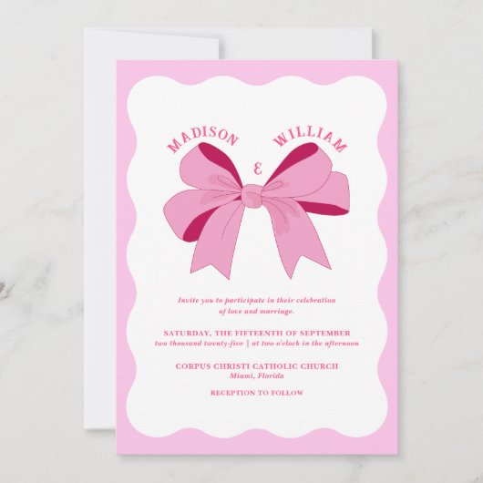 Wavy Retro Rosa Hochzeit Einladung (Vorderseite)