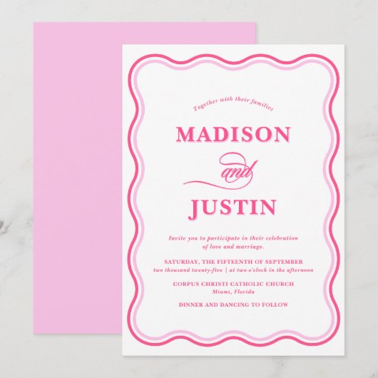 Wavy Retro Rosa Hochzeit Einladung (Vorne/Hinten)