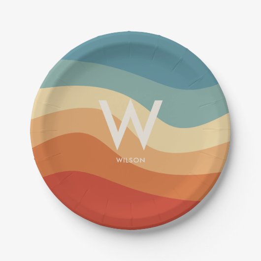 Wavy Retro Strip Monogram Persönliches Party Pappteller (Vorderseite)