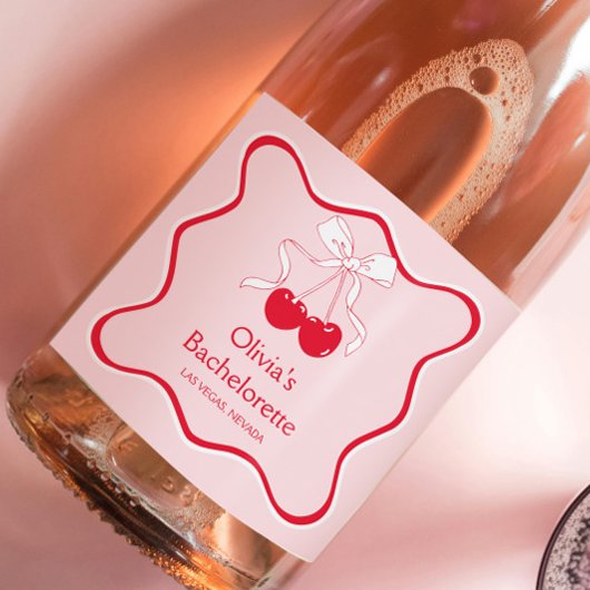 Wavy Rosa Cherry auf Top Bachelorette Champagne Schaumweinetikett