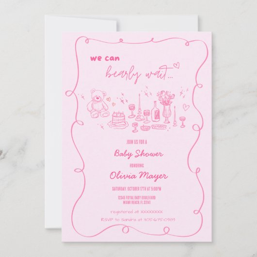 Wavy Scribble Hand Drawing Bearly Wait Baby Dusche Einladung (Vorderseite)