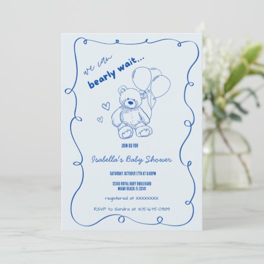 Wavy Scribble Hand Drawing Bearly Wait Baby Dusche Einladung (Stehend Vorderseite)