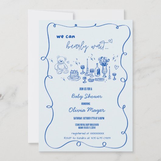 Wavy Scribble Hand Drawing Bearly Wait Baby Dusche Einladung (Vorderseite)