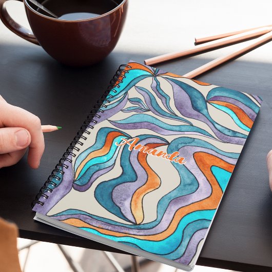 Wavy Script Blue Name Groovy Retro Zurück zur Schu Notizblock