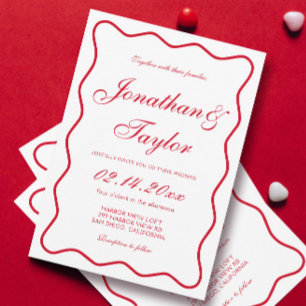Wavy Script Red und White Valentine Wedding Einladung