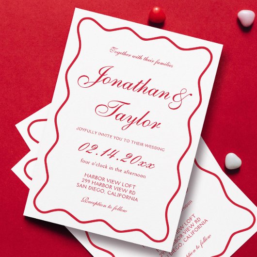 Wavy Script Red und White Valentine Wedding Einladung