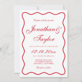 Wavy Script Red und White Valentine Wedding Einladung (Vorderseite)
