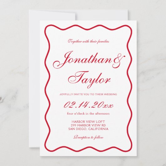 Wavy Script Red und White Valentine Wedding Einladung (Vorderseite)