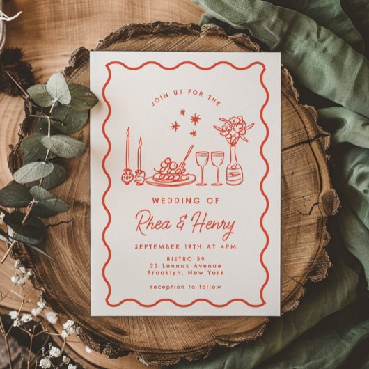 Wavy Whimsical Italian Doodle Wedding Dinner Einladung