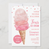We All Scream FOUR Ice Cream Birthday Party Invite Einladung (Vorderseite)