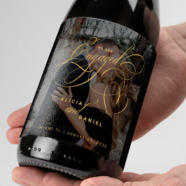 We are engaged gold script photo engagement party weinetikett