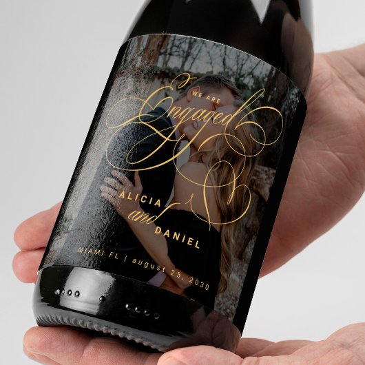 We are engaged gold script photo engagement party weinetikett