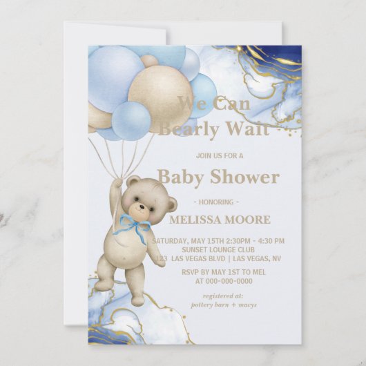 We can bearly wait abstract blue gold photo einladung (Vorderseite)