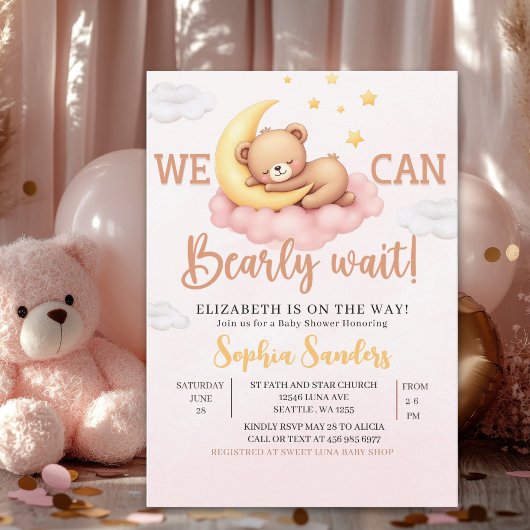 We Can Bearly Wait Baby Shower Pink Bear Einladung