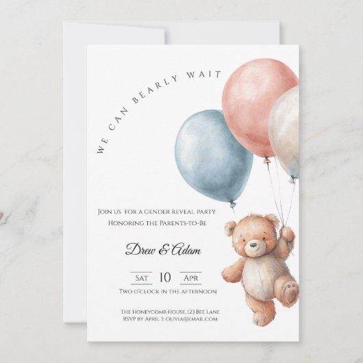 We Can Bearly Wait Bear Balloons Gender Reveal Einladung (Vorderseite)