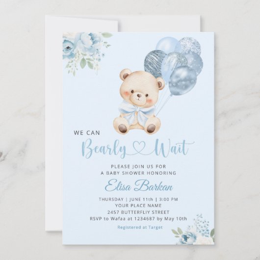 We Can Bearly Wait Blue Balloon Boy Baby Shower  Einladung (Vorderseite)