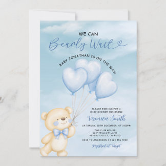 We can bearly wait Blue balloon Boy baby shower Einladung